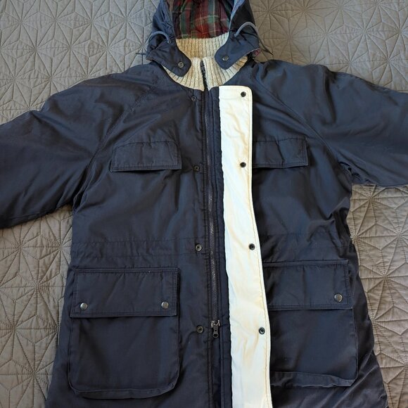 Vintage 90s St. John's Bay Navy Parka Hooded Plaid Lining Utility XL Gorpcore - Picture 1 of 16